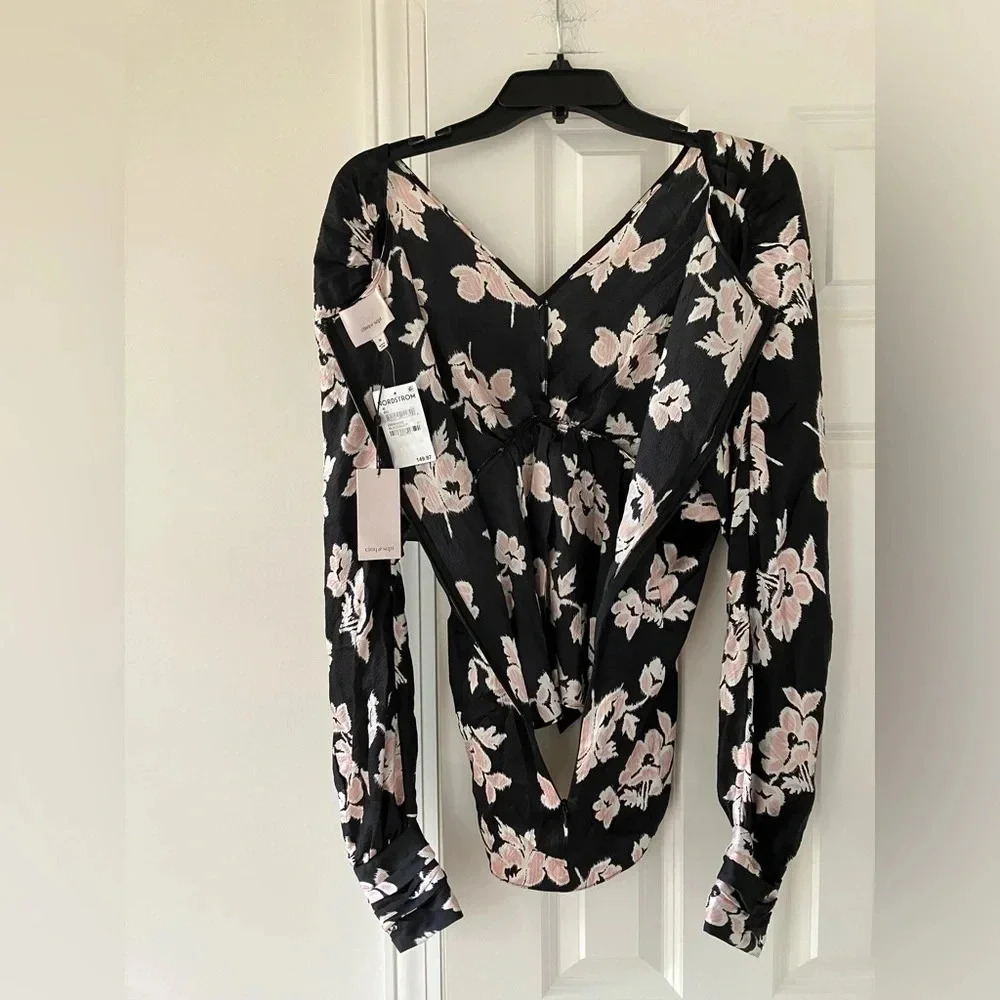 NWT Cinq à Sept Yesenia Floral Tie-Front Silk Blouse Black/ Blush Pink - Picture 8 of 11